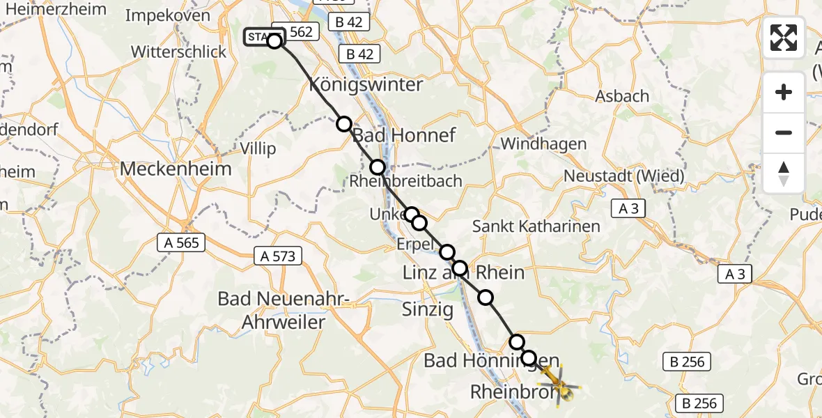 Flugroute Ambulanzhubschrauber Bonn University Hospital - Rheinbrohl, 16 Oktober 2026, 10:39