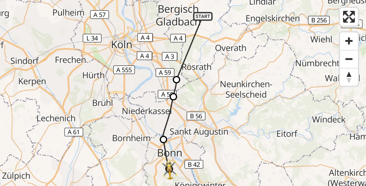 Flugroute Ambulanzhubschrauber Bergisch Gladbach - Bonn University Hospital, 16 Oktober 2026, 10:41