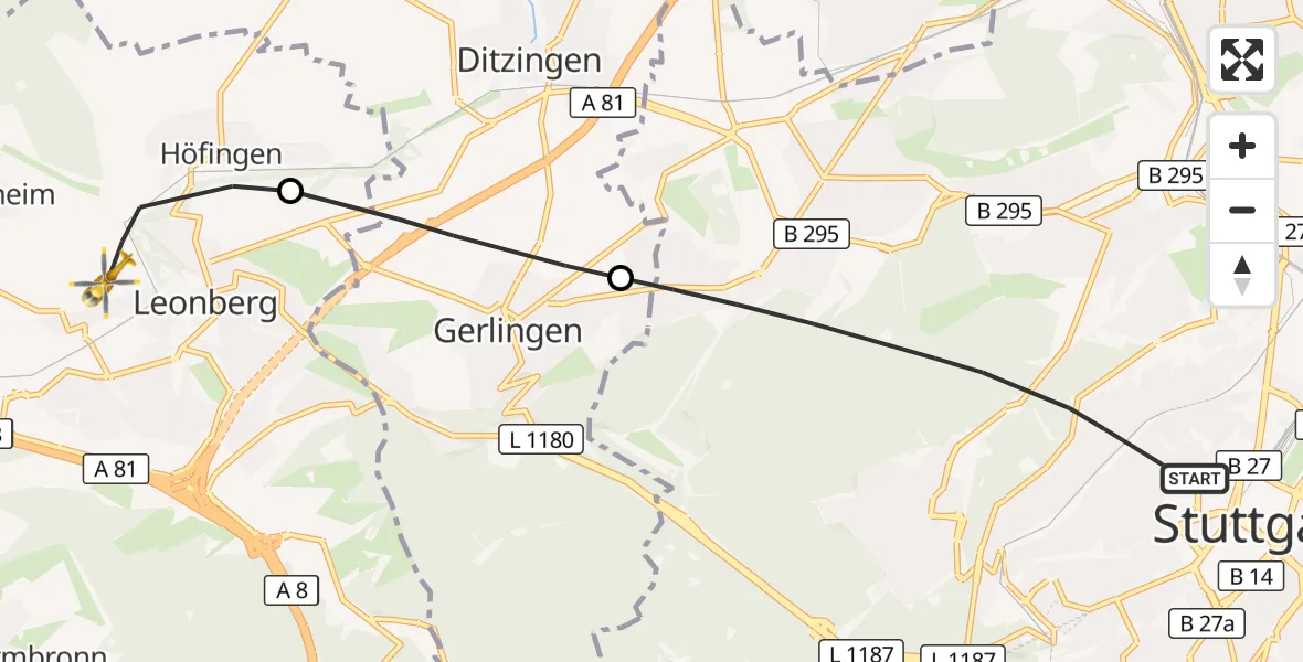 Flugroute Rettungshubschrauber Stuttgart - Leonberg Hospital, 16 Oktober 2026, 10:45