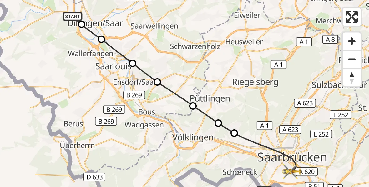Flugroute Rettungshubschrauber Rehlingen-Siersburg - Saarbrücken, 16 Oktober 2026, 10:50