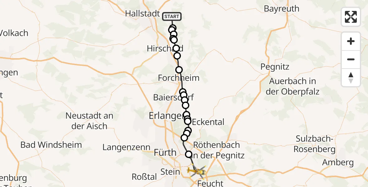 Flugroute Rettungshubschrauber Litzendorf - Nürnberg South Hospital, 16 Oktober 2026, 10:51