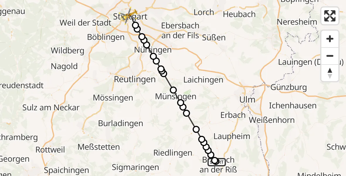 Flugroute Rettungshubschrauber Sana Clinic Biberach District Hospital - Stuttgart, 16 Oktober 2026, 10:52