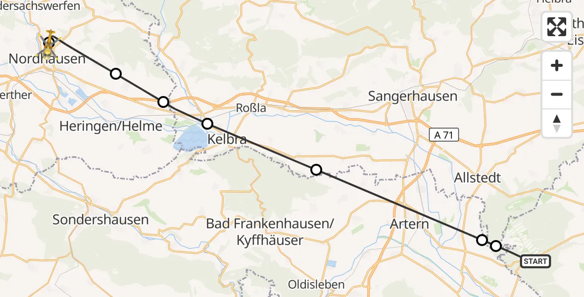 Flugroute Rettungshubschrauber Querfurt - Südharz Hospital Nordhausen, 16 Oktober 2026, 10:52