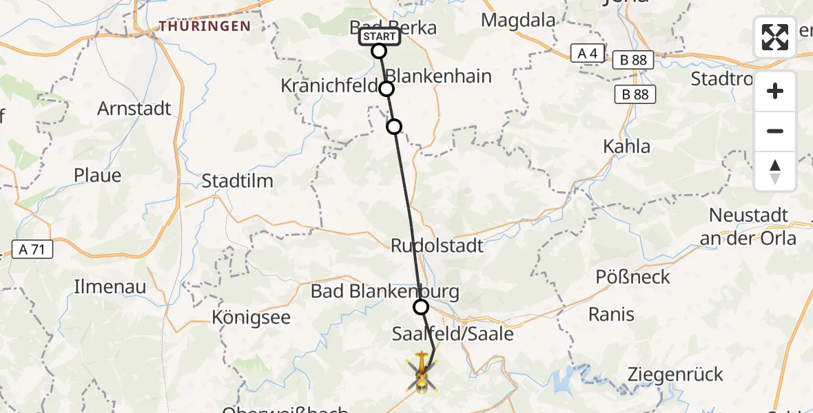 Flugroute Ambulanzhubschrauber Bad Berka Central Hospital - Saalfeld/Saale, 16 Oktober 2026, 10:56