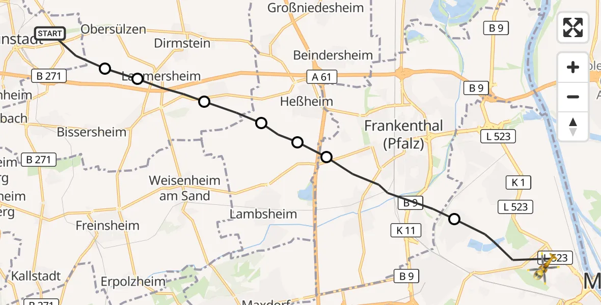 Flugroute Rettungshubschrauber Grünstadt - Ludwigshafen am Rhein, 16 Oktober 2026, 10:59
