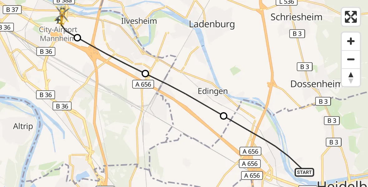 Flugroute Rettungshubschrauber Heidelberg - Mannheim-City Flughafen, 16 Oktober 2026, 11:05