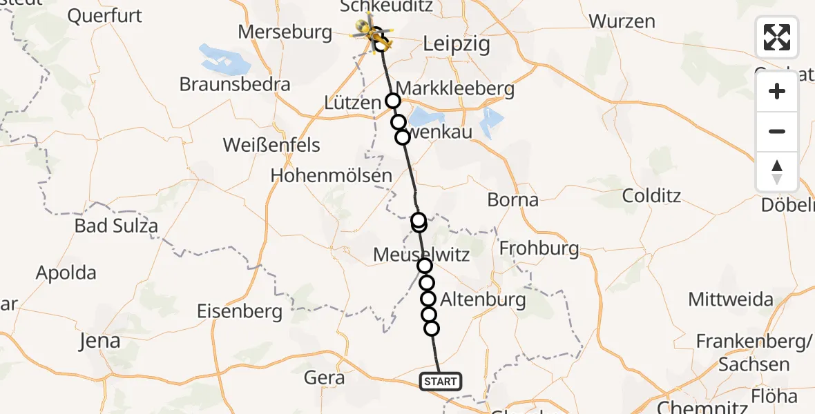Flugroute Rettungshubschrauber Schmölln - ADAC Air Rescue Station Leipzig/Schkeuditz-Dölzig Hubschrauberlandeplatz (Christoph 61), 16 Oktober 2026, 11:06