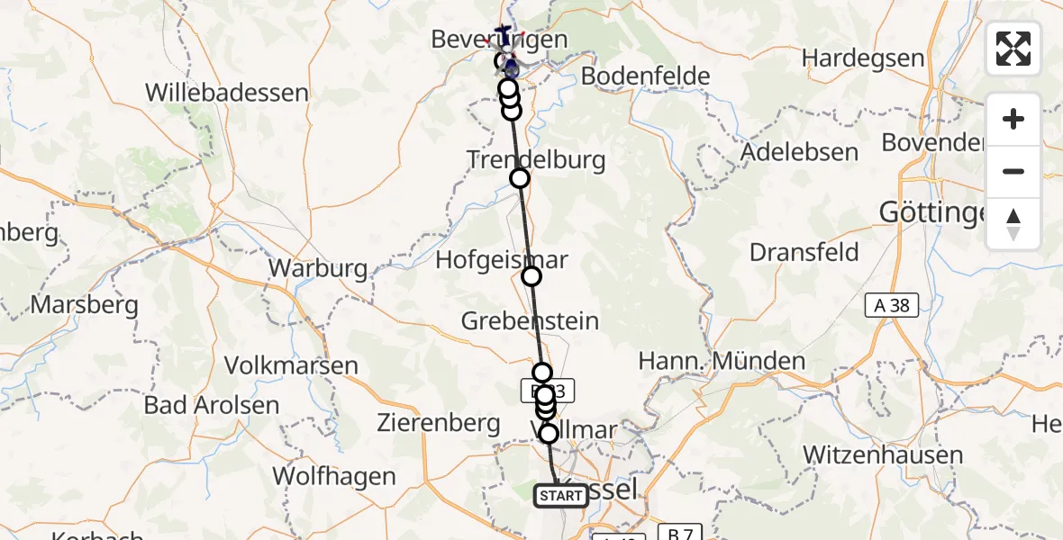 Flugroute Polizeihubschrauber Kassel - Lauenförde, 16 Oktober 2026, 11:08