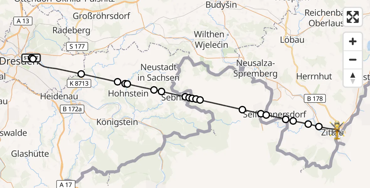 Flugroute Rettungshubschrauber Dresden University Hospital - Zittau, 16 Oktober 2026, 11:12
