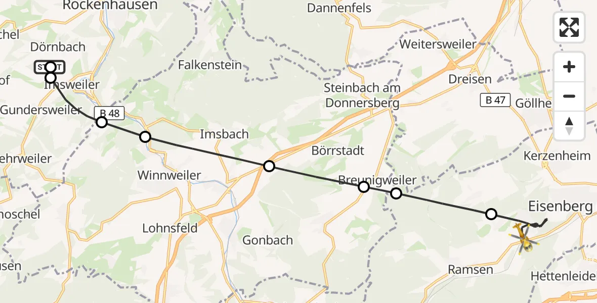 Flugroute Rettungshubschrauber Rockenhausen - Eisenberg (Pfalz), 16 Oktober 2026, 11:19