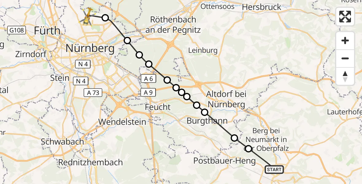 Flugroute Ambulanzhubschrauber Neumarkt i.d.OPf. - Flughafen Nuremberg, 16 Oktober 2026, 11:23