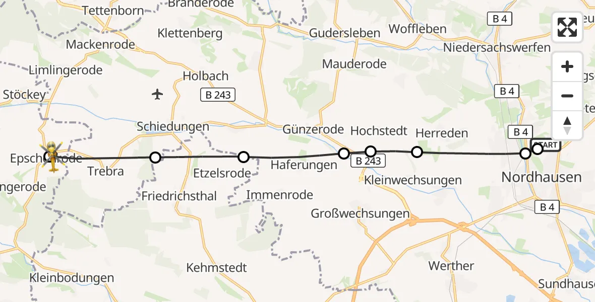 Flugroute Rettungshubschrauber Südharz Hospital Nordhausen - Sonnenstein, 16 Oktober 2026, 11:23