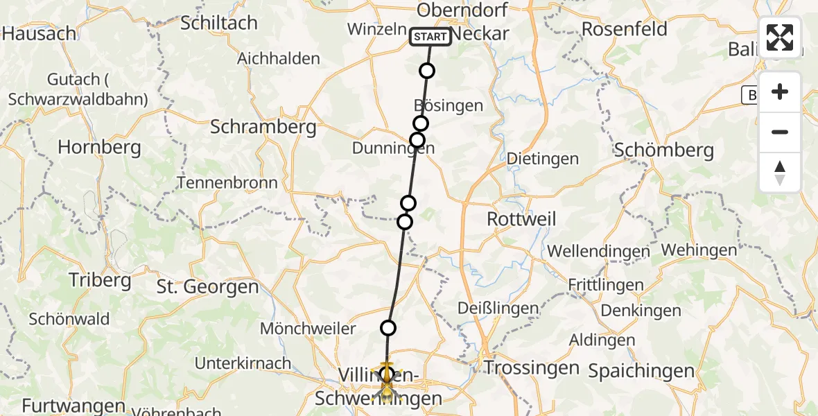 Flugroute Ambulanzhubschrauber Oberndorf am Neckar - DRF Air Rescue Station Villingen-Schwenningen Hubschrauberlandeplatz (Christoph 11), 16 Oktober 2026, 11:23
