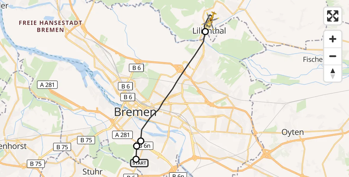 Flugroute Rettungshubschrauber ADAC Air Rescue Station Bremen Hubschrauberlandeplatz (Christoph 6) - Lilienthal, 16 Oktober 2026, 11:24
