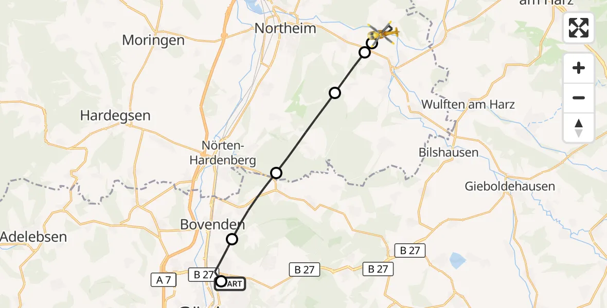 Flugroute Rettungshubschrauber Göttingen University Clinic Hubschrauberlandeplatz - Katlenburg-Lindau, 16 Oktober 2026, 11:27