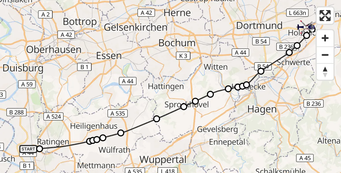 Flugroute Polizeihubschrauber Düsseldorf Flughafen - Dortmund Flughafen, 16 Oktober 2026, 11:35