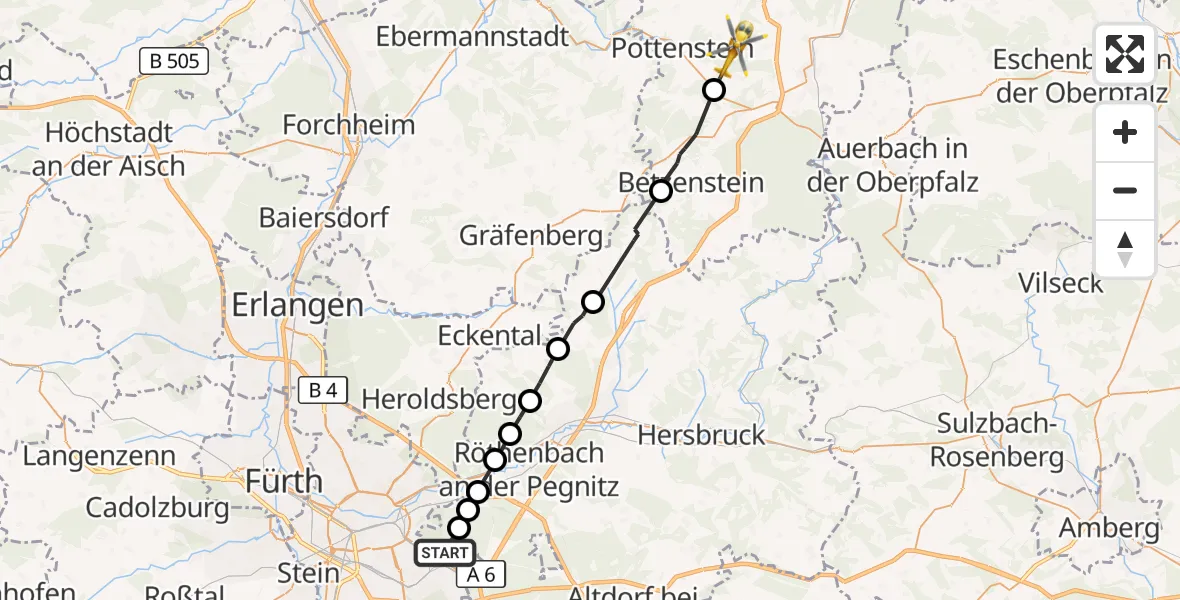 Flugroute Rettungshubschrauber Forsthof - Pottenstein, 16 Oktober 2026, 11:35