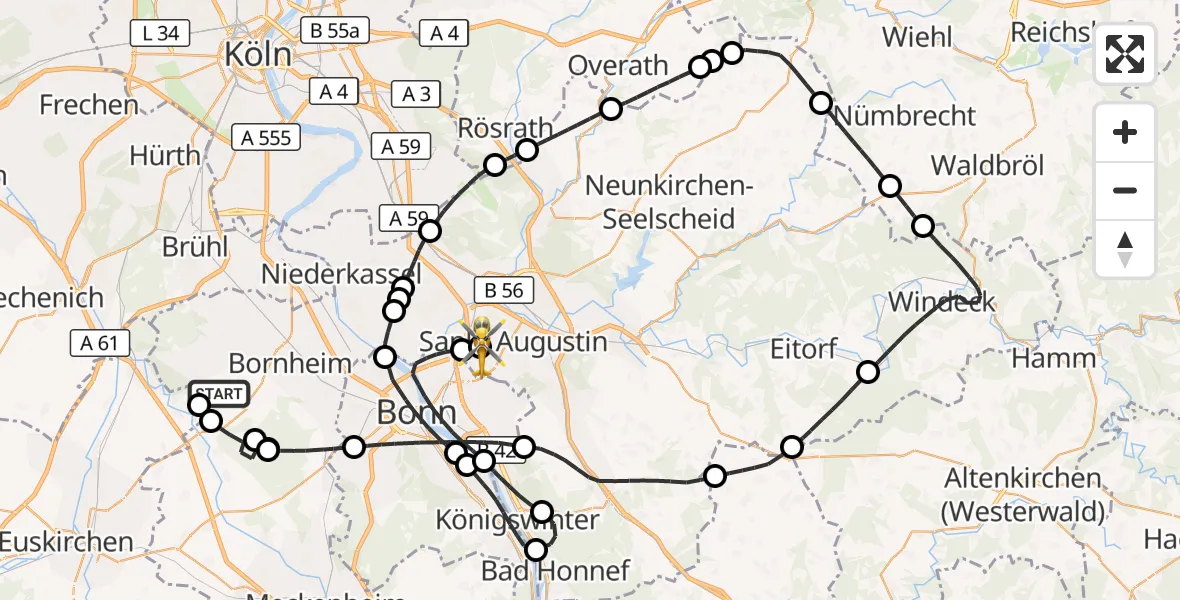 Flugroute Rettungshubschrauber Bornheim - Bonn-Hangelar Flugplatz, 16 Oktober 2026, 11:37