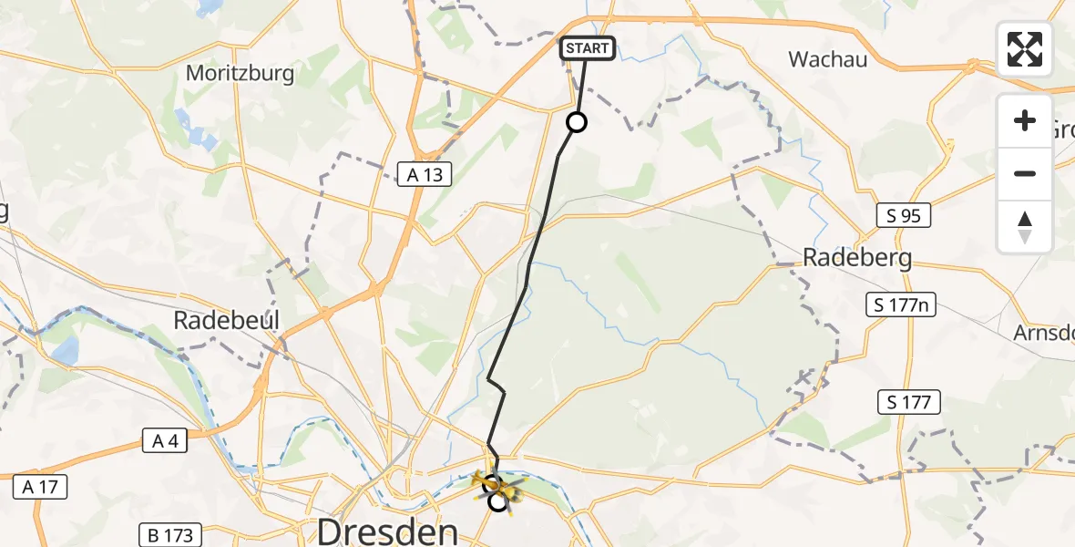 Flugroute Rettungshubschrauber Ottendorf-Okrilla - Dresden Elbwiesen Hubschrauberlandeplatz, 16 Oktober 2026, 11:46