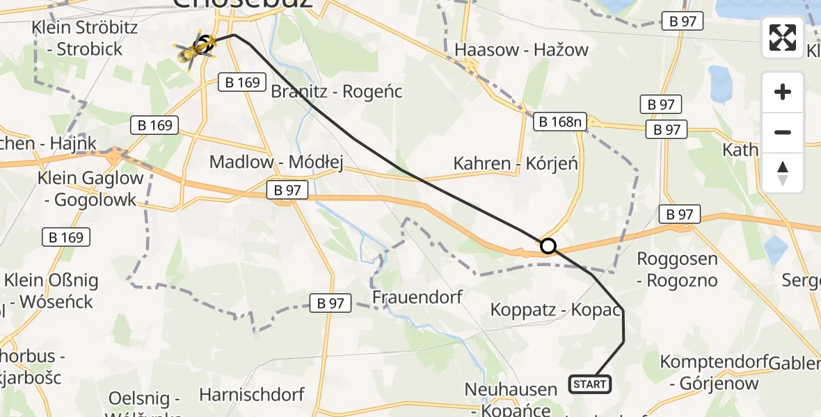 Flugroute Ambulanzhubschrauber Neuhausen/Spree - Carl Thien Hospital Cottbus, 16 Oktober 2026, 11:47