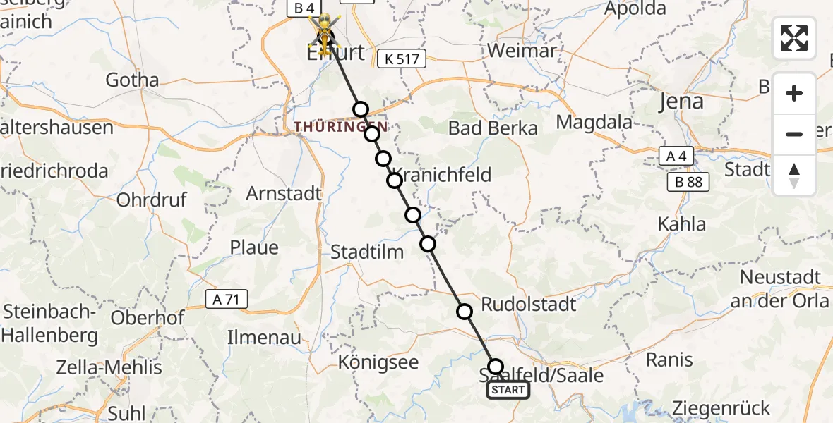 Flugroute Rettungshubschrauber Saalfeld/Saale - Helios Clinic Erfurt, 16 Oktober 2026, 11:58