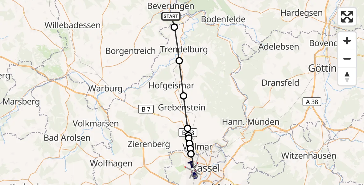 Flugroute Polizeihubschrauber Beverungen - Kassel, 16 Oktober 2026, 11:58