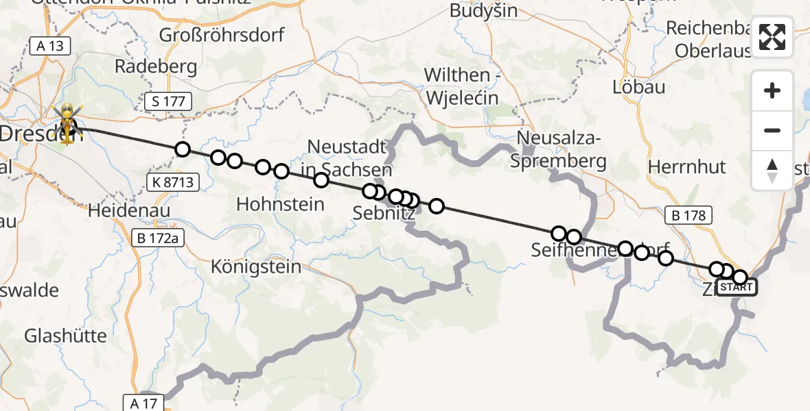 Flugroute Rettungshubschrauber Zittau - Dresden University Hospital, 16 Oktober 2026, 12:00
