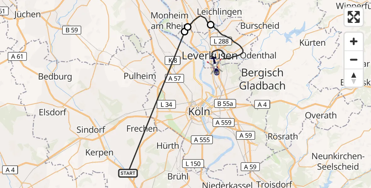 Flugroute Polizeihubschrauber Erftstadt - Leverkusen Flugplatz, 16 Oktober 2026, 12:03