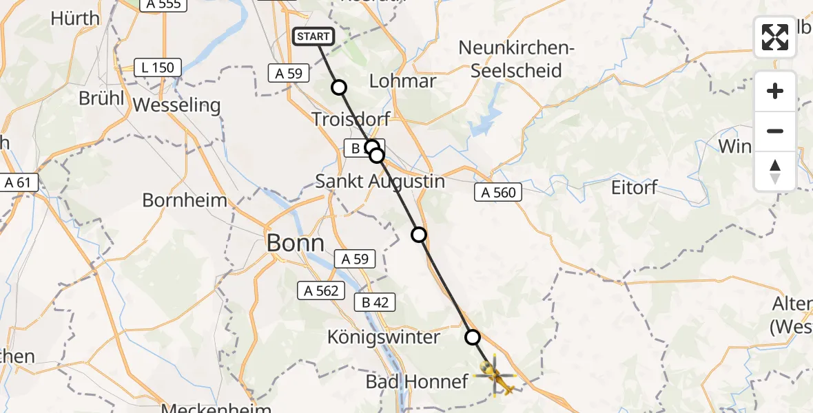 Flugroute Rettungshubschrauber Köln Bonn Flughafen - Bad Honnef, 16 Oktober 2026, 12:06