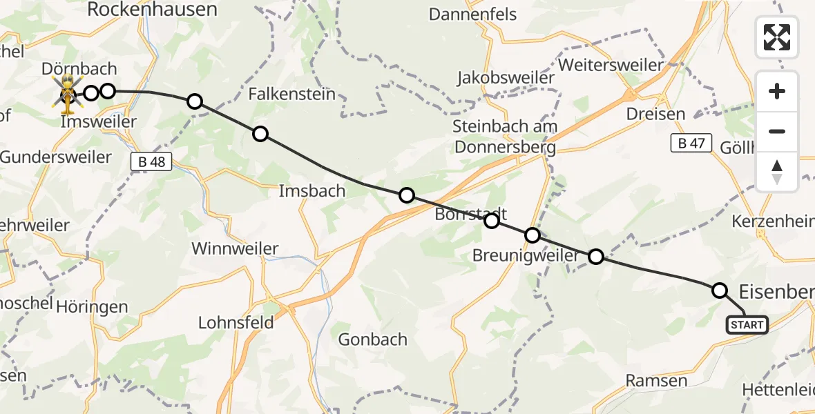 Flugroute Rettungshubschrauber Eisenberg (Pfalz) - Rockenhausen, 16 Oktober 2026, 12:07