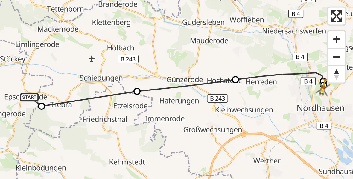 Flugroute Rettungshubschrauber Sonnenstein - Südharz Hospital Nordhausen, 16 Oktober 2026, 12:07