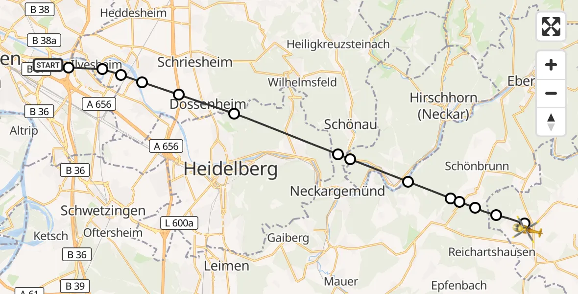 Flugroute Rettungshubschrauber Mannheim-City Flughafen - Schwarzach, 16 Oktober 2026, 12:09
