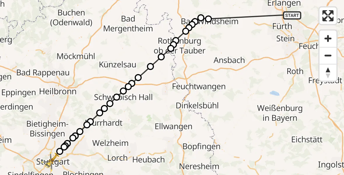 Flugroute Rettungshubschrauber Neunhofer Forst - Stuttgart, 16 Oktober 2026, 12:09