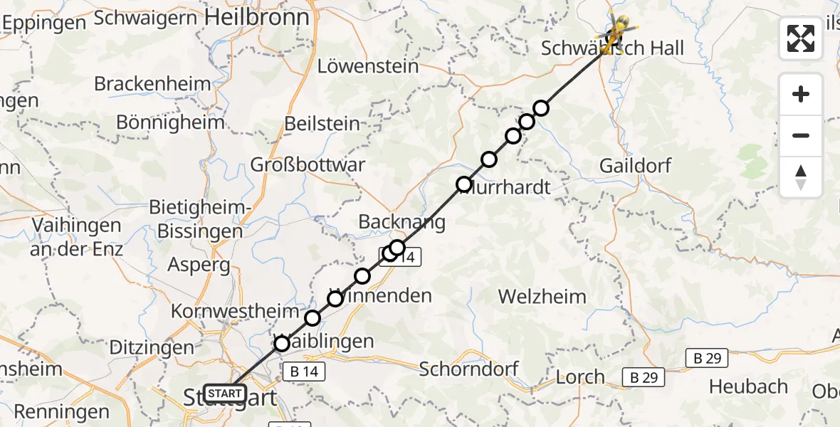 Flugroute Rettungshubschrauber Stuttgart - Evangelisches Diakonie Hospital Schwäbisch Hall, 16 Oktober 2026, 12:10