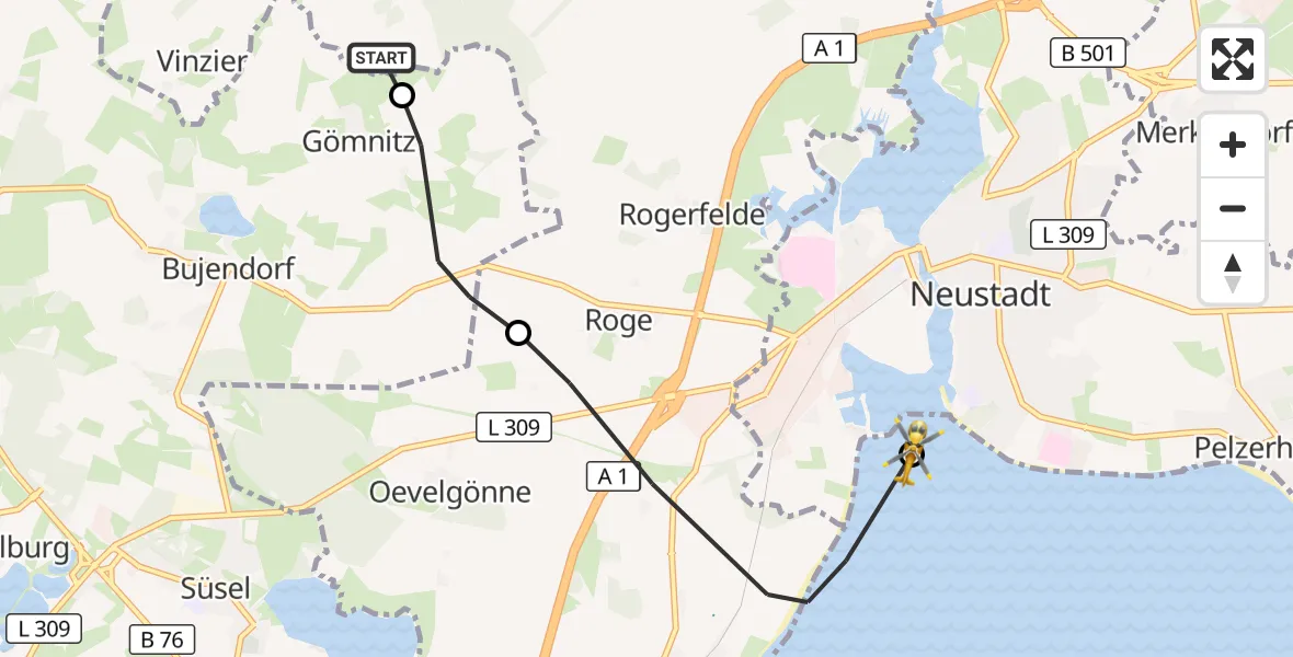 Flugroute Rettungshubschrauber Altenkrempe - Neustadt in Holstein, 16 Oktober 2026, 12:11
