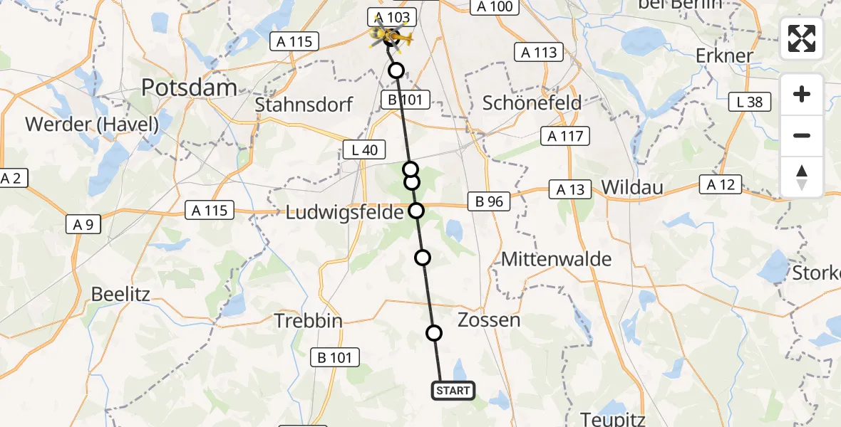 Flugroute Rettungshubschrauber Am Mellensee - Charité Clinic Benjamin Franklin Campus, 16 Oktober 2026, 12:16
