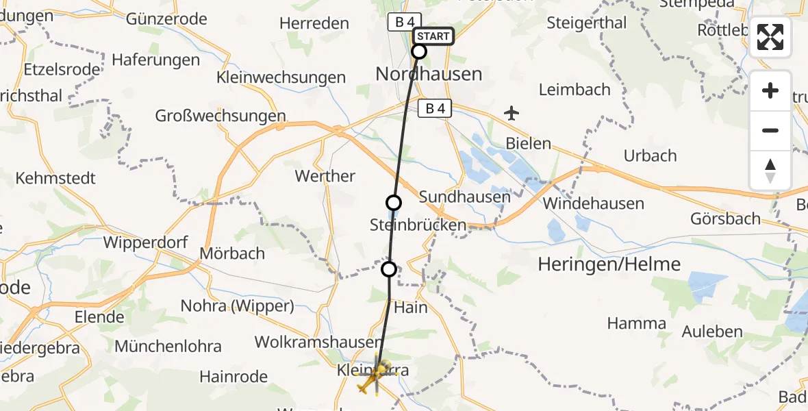 Flugroute Rettungshubschrauber Südharz Hospital Nordhausen - Kleinfurra, 16 Oktober 2026, 12:25