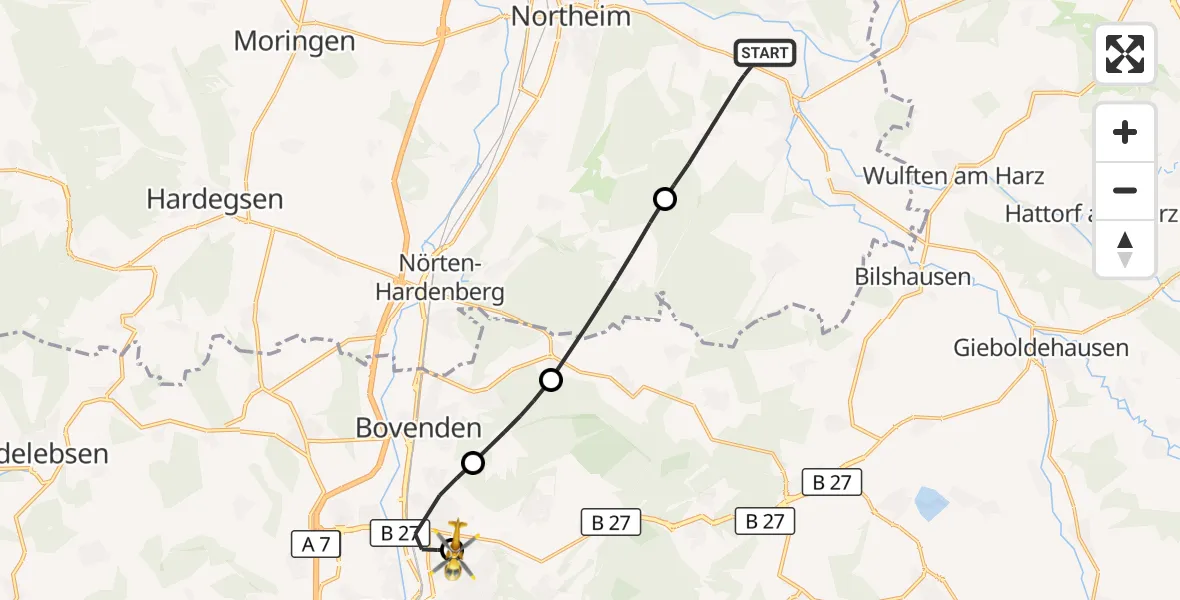 Flugroute Rettungshubschrauber Katlenburg-Lindau - Göttingen University Clinic Hubschrauberlandeplatz, 16 Oktober 2026, 12:26