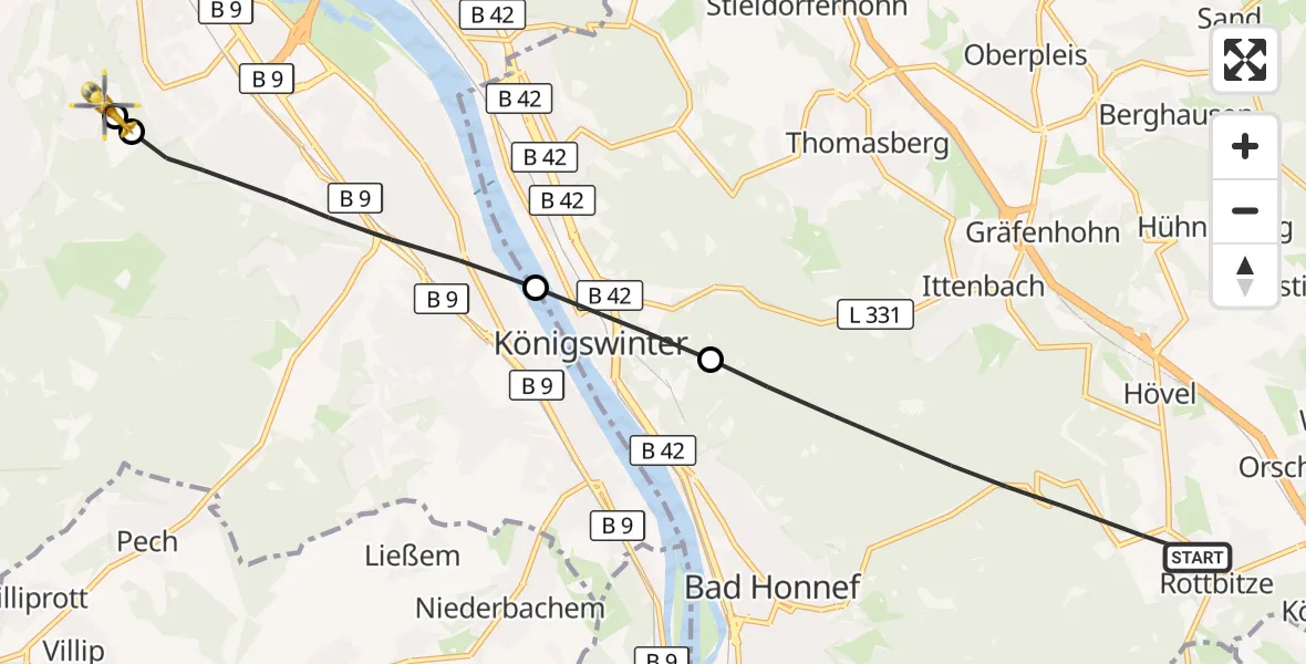 Flugroute Rettungshubschrauber Bad Honnef - Bonn University Hospital, 16 Oktober 2026, 12:36