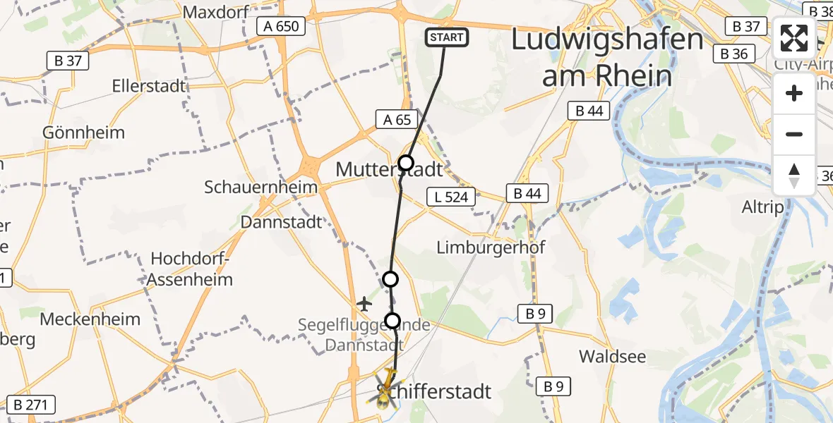 Flugroute Rettungshubschrauber Ludwigshafen am Rhein - Schifferstadt, 16 Oktober 2026, 12:44
