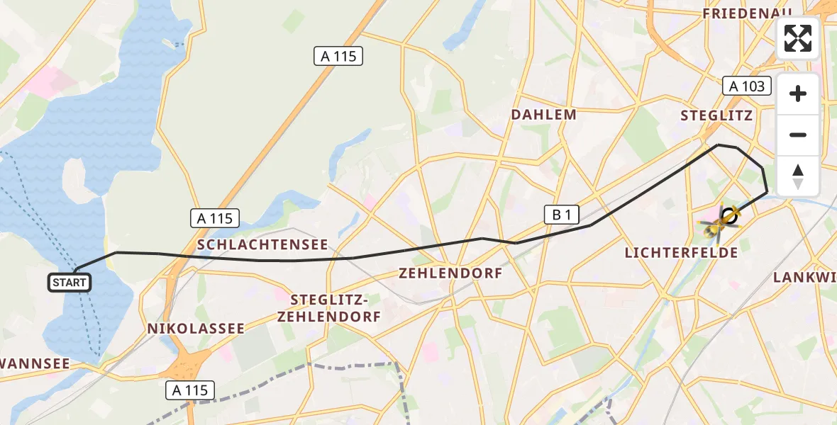 Flugroute Rettungshubschrauber Berlin - Charité Clinic Benjamin Franklin Campus, 16 Oktober 2026, 12:45