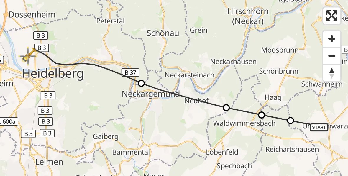 Flugroute Rettungshubschrauber Aglasterhausen - Heidelberg, 16 Oktober 2026, 12:50