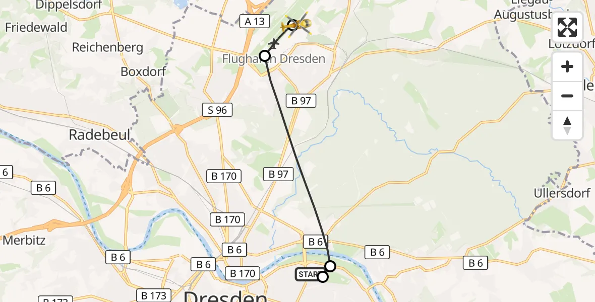 Flugroute Rettungshubschrauber Dresden University Hospital - Dresden Bundespolizei Hubschrauberlandeplatz, 16 Oktober 2026, 12:52