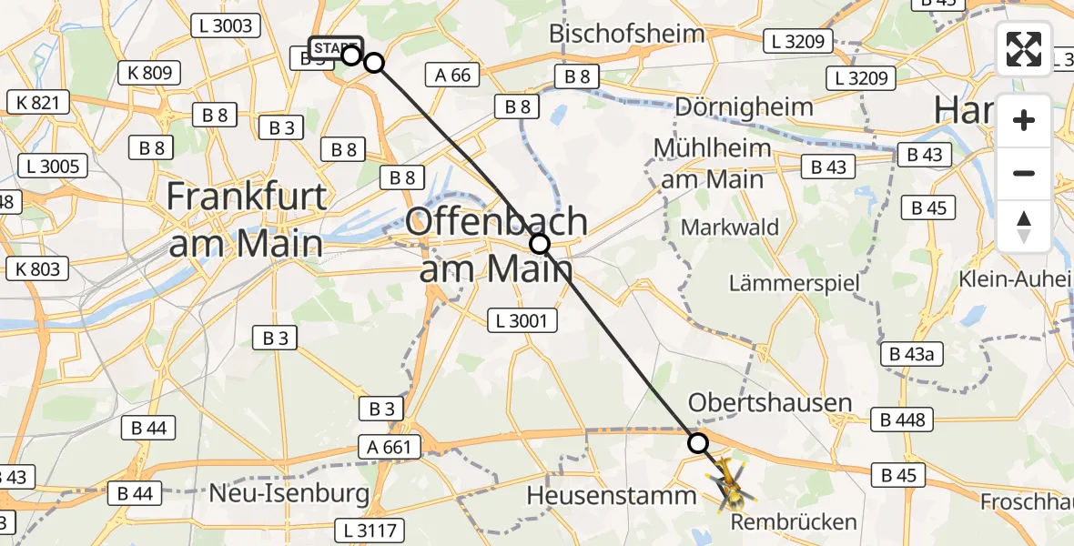Flugroute Rettungshubschrauber Frankfurt am Main Accident Hospital Roof Helipad (CHX2) - Obertshausen, 16 Oktober 2026, 12:53