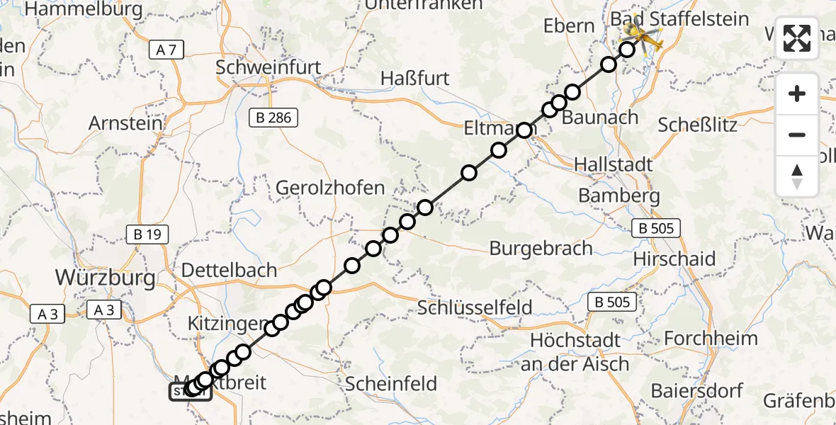 Flugroute Rettungshubschrauber Ochsenfurt Hospital - Ebensfeld, 16 Oktober 2026, 12:53