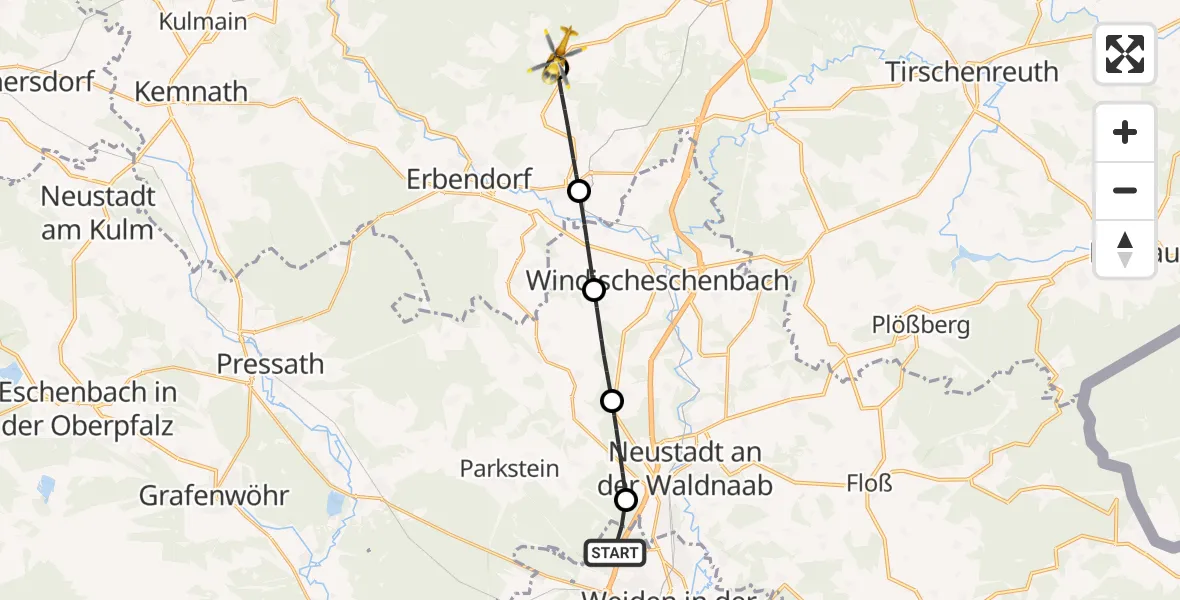 Flugroute Ambulanzhubschrauber Weiden i.d.OPf. - Friedenfels, 16 Oktober 2026, 12:54
