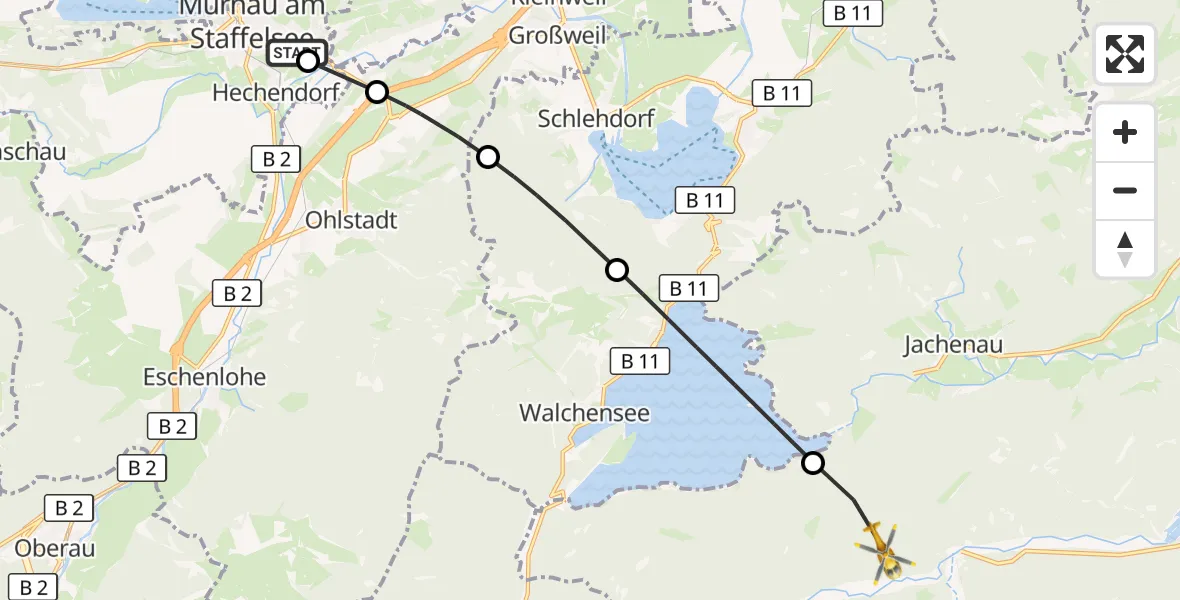 Flugroute Rettungshubschrauber Murnau Accident Hospital - Jachenau, 16 Oktober 2026, 12:55
