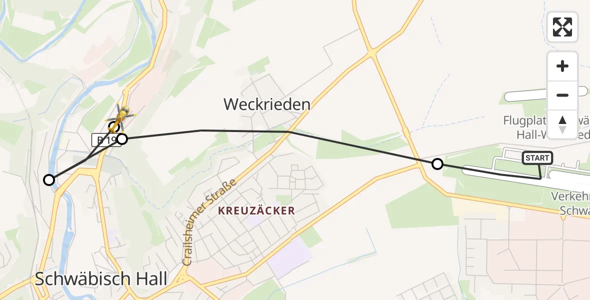 Flugroute Rettungshubschrauber Adolf Würth Flughafen - Evangelisches Diakonie Hospital Schwäbisch Hall Hubschrauberlandeplatz, 16 Oktober 2026, 12:59