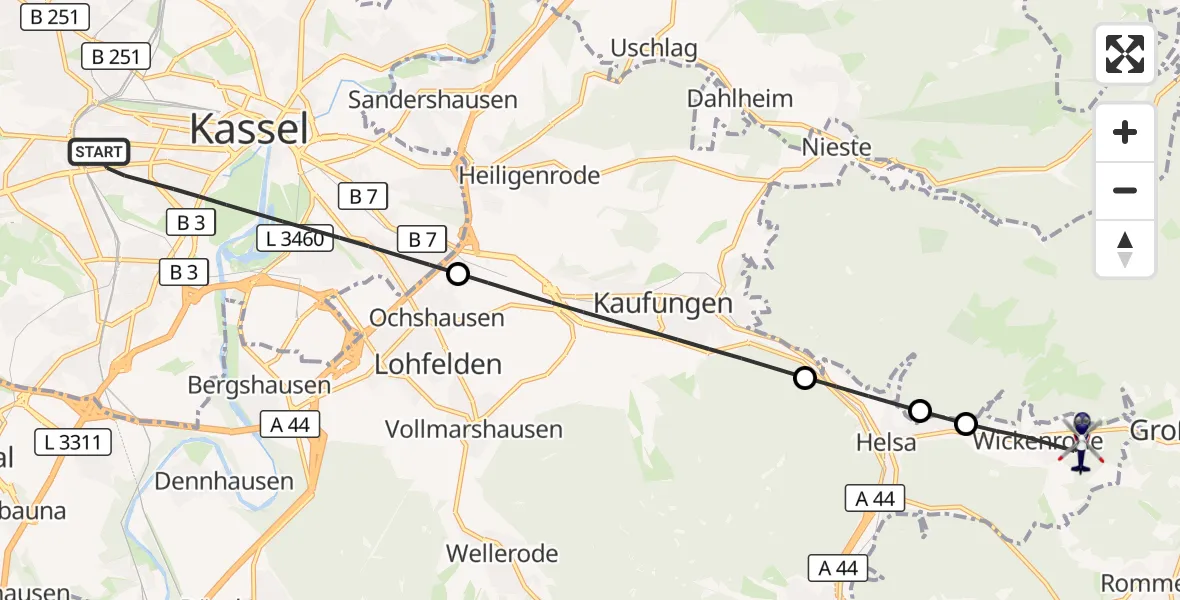 Flugroute Polizeihubschrauber Kassel - Helsa, 16 Oktober 2026, 13:00