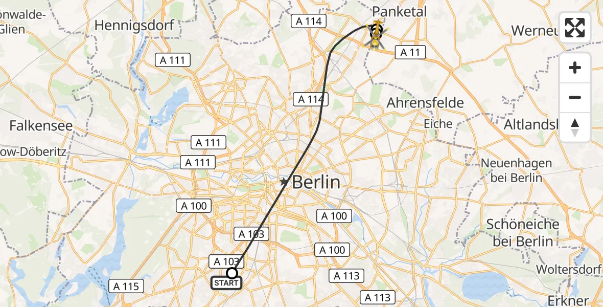 Flugroute Rettungshubschrauber Charité Clinic Benjamin Franklin Campus - Helios Clinic Berlin-Buch, 16 Oktober 2026, 13:01